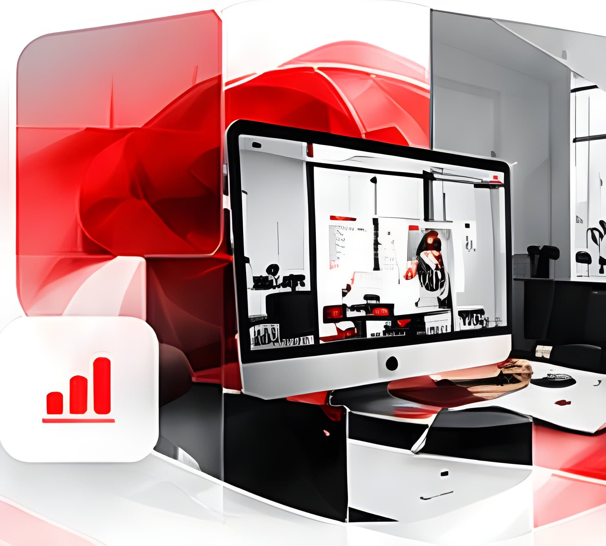 Modern creative workspace with a monitor and red abstract glass shapes