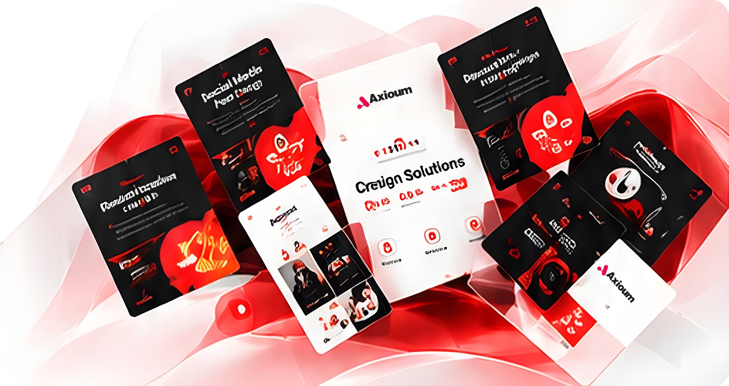 Collection of red and black branded social posts, flyers and print designs