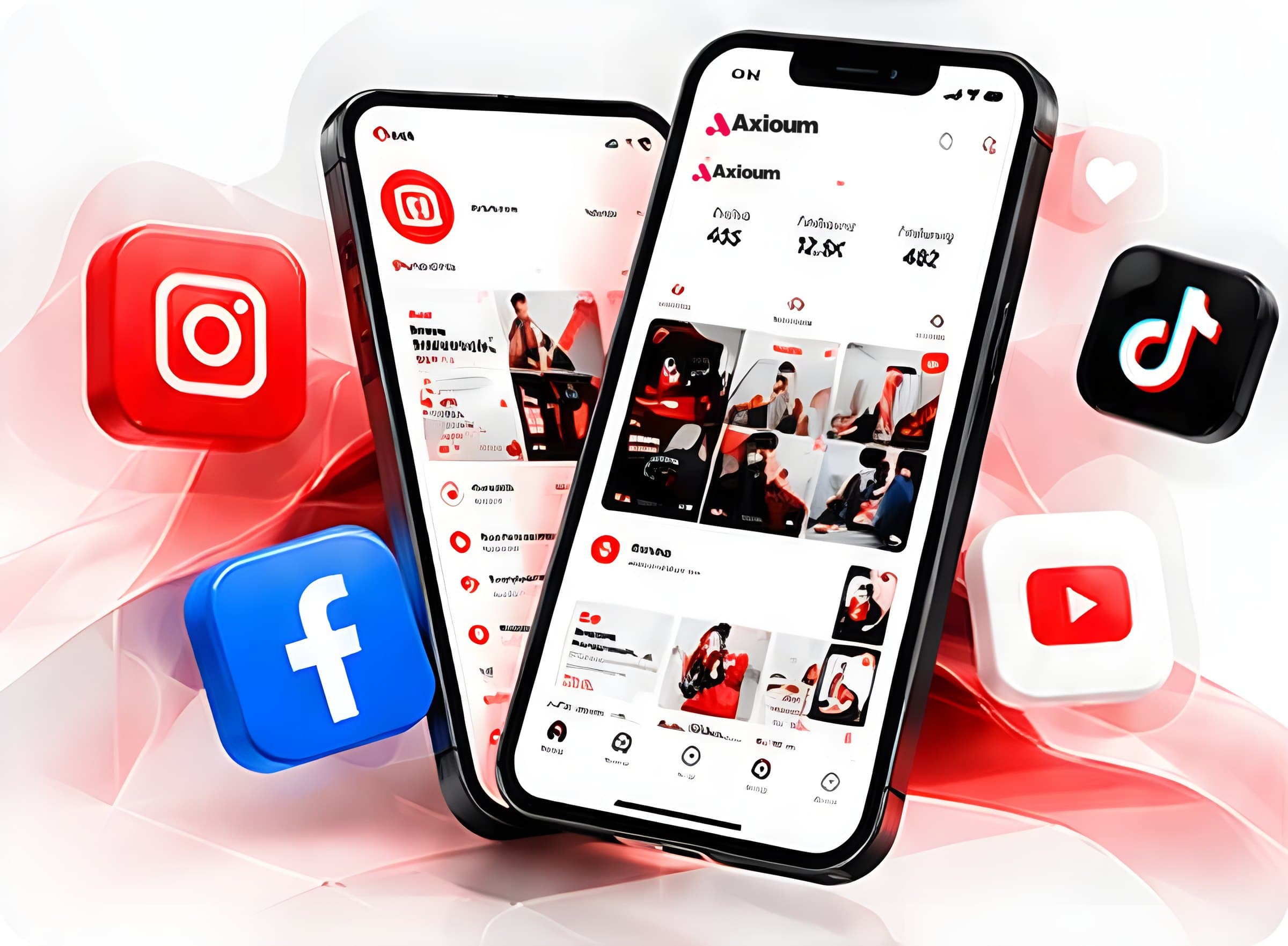 Smartphones showing a branded social media feed surrounded by social platform icons