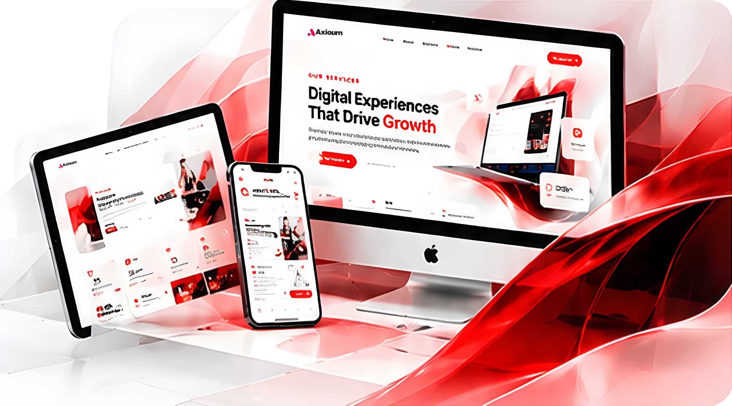 Desktop, tablet and phone mockups showing a responsive AXIOUM website design